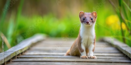 Adorable stoat standing on a wooden bridge in a natural setting , stoat, cute, animal, wildlife, bridge, wooden, small, furry