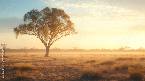 A solitary ghost gum tree standing tall in the Australian Outback, surrounded by low-growing desert flora 