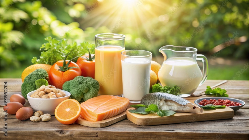 An image showing various sources of vitamin D and the importance of vitamin B for bone health , sunshine, fish An image showing various sources of vitamin D and the importance of vitamin B for bone health , sunshine, fish