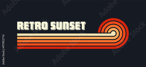 Vintage sunset collection. Various colorful striped sunrise badges in 80s and 90s style. Sun and ocean view, summer vibes, surfing. Design element for print, logo or t-shirt. Vector illustration