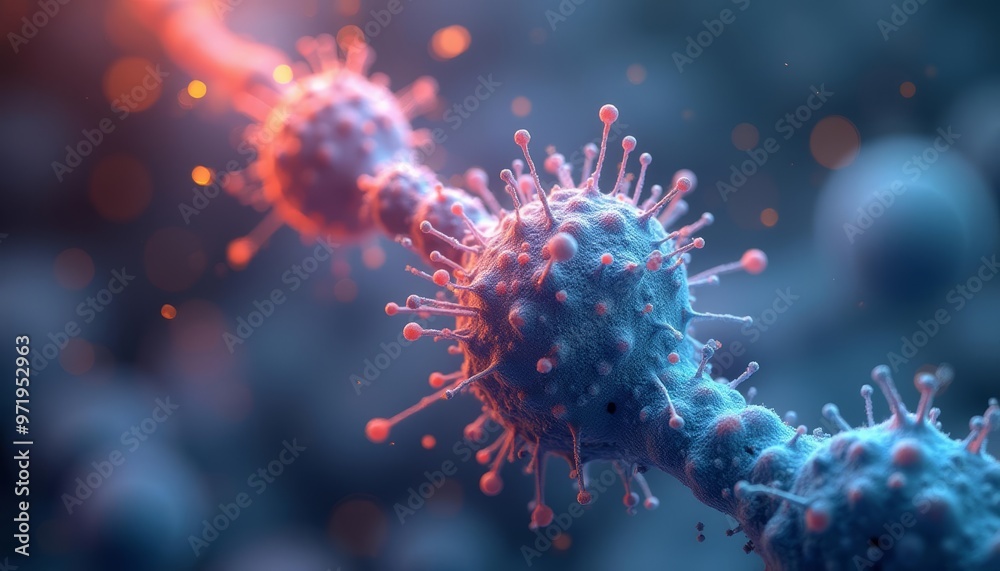 Viral particles in a digital art representation Viral particles in a digital art representation