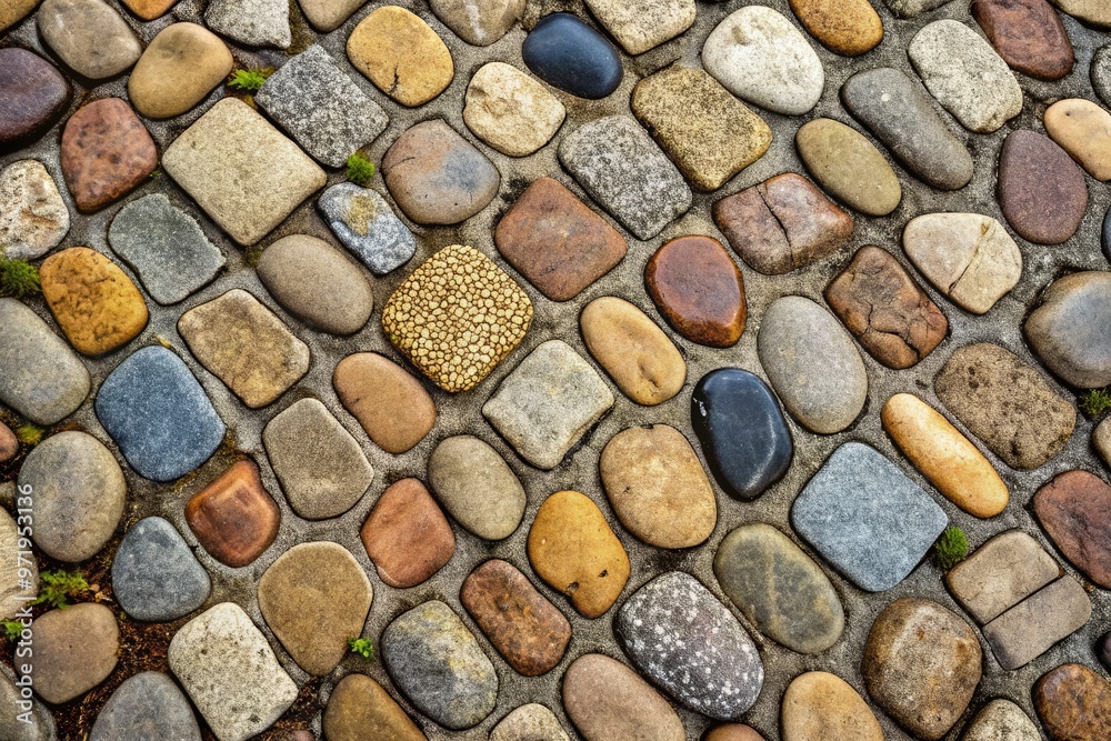 Weathered cobblestone pavement featuring a classic, irregular pattern of rounded stones in shades of gray, brown, and beige, with subtle texture and subtle wear. Weathered cobblestone pavement featuring a classic, irregular pattern of rounded stones in shades of gray, brown, and beige, with subtle texture and subtle wear.