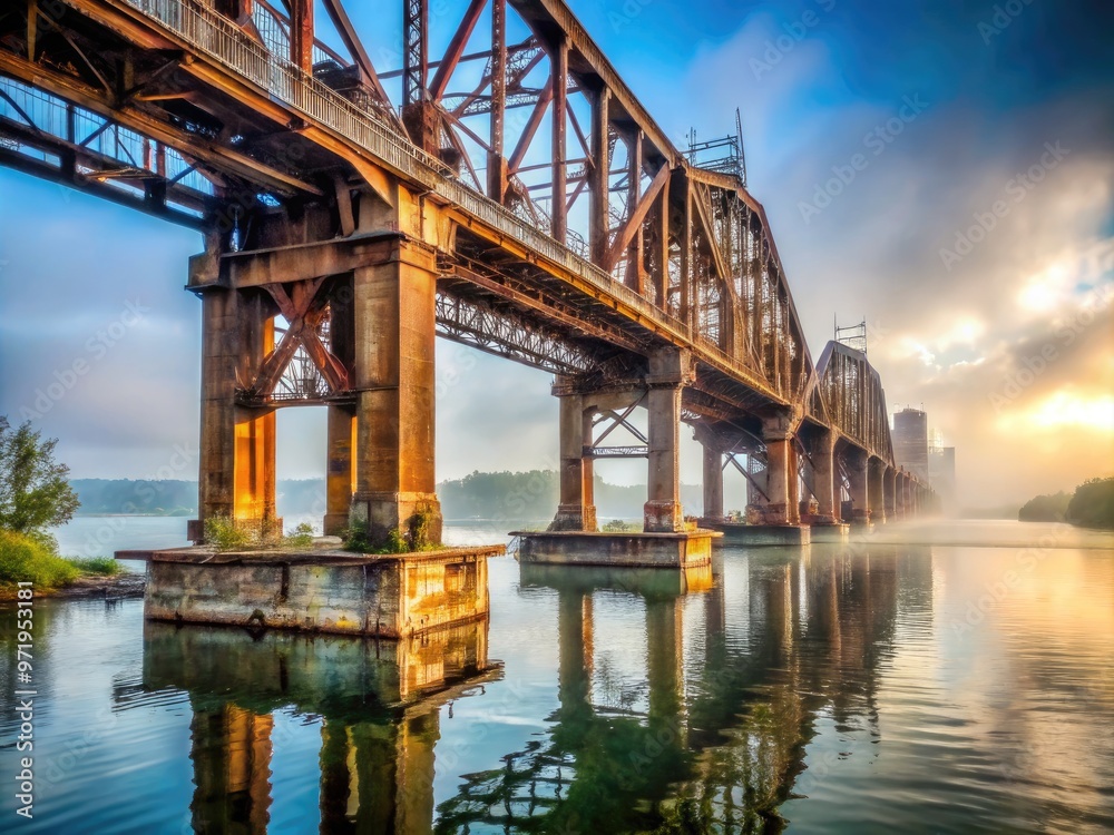 Weathered, rusty old skyway bridge stretches across misty river, its crumbling concrete pillars and steel beams a testament to bygone industrial era's grandeur. Weathered, rusty old skyway bridge stretches across misty river, its crumbling concrete pillars and steel beams a testament to bygone industrial era's grandeur.