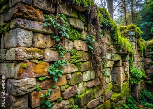 Weathered, distressed stone wall with fragmented, crumbling edges, overgrown with moss and vines, evoking a sense of ancient, forgotten history and mystique. photo