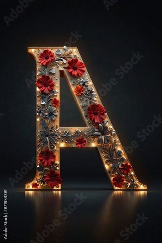 Gilded Elegance: Neon Letters Using Red and Gray Hues with Floral Radiance Pattern photo