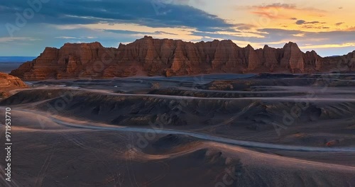 Aerial view of the spectacular Dahaidao Yadan landform natural landscape at dusk in Xinjiang. A famous uninhabited area self-driving tour destination in China. photo