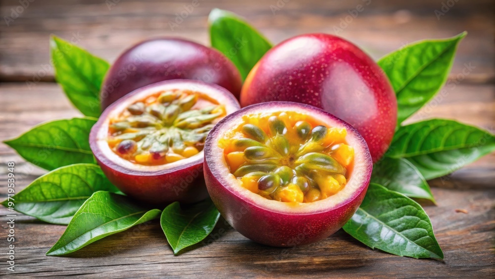 Two ripe passion fruits with green leaves, passion fruit, ripe, tropical, plant, hanging, fresh, organic, vibrant, sweet, juicy Two ripe passion fruits with green leaves, passion fruit, ripe, tropical, plant, hanging, fresh, organic, vibrant, sweet, juicy