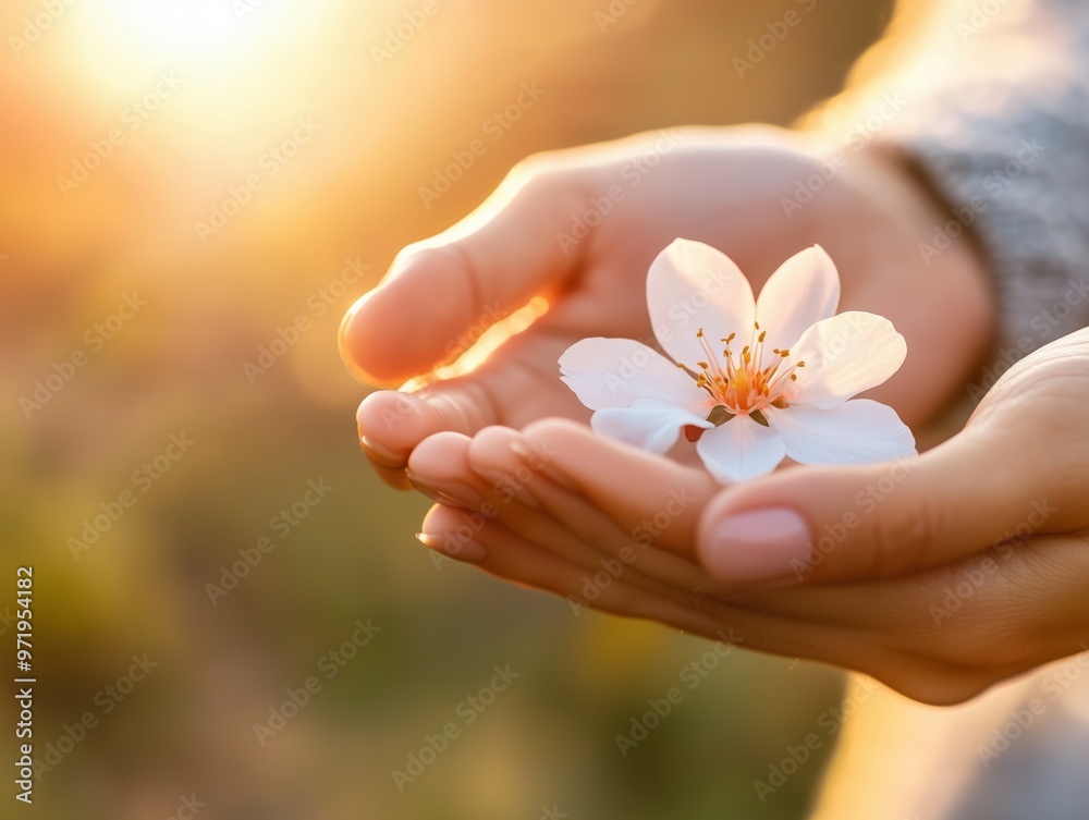 Hands gently holding a delicate white blossom at sunset Hands gently holding a delicate white blossom at sunset