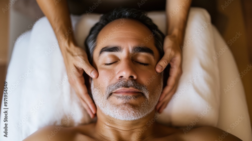 Middle-aged man relaxing during facial massage therapy Middle-aged man relaxing during facial massage therapy