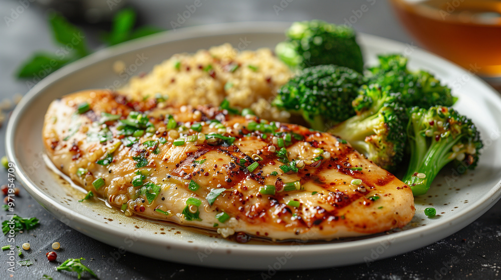 plate of grilled chicken breast with steamed broccoli and quinoa plate of grilled chicken breast with steamed broccoli and quinoa