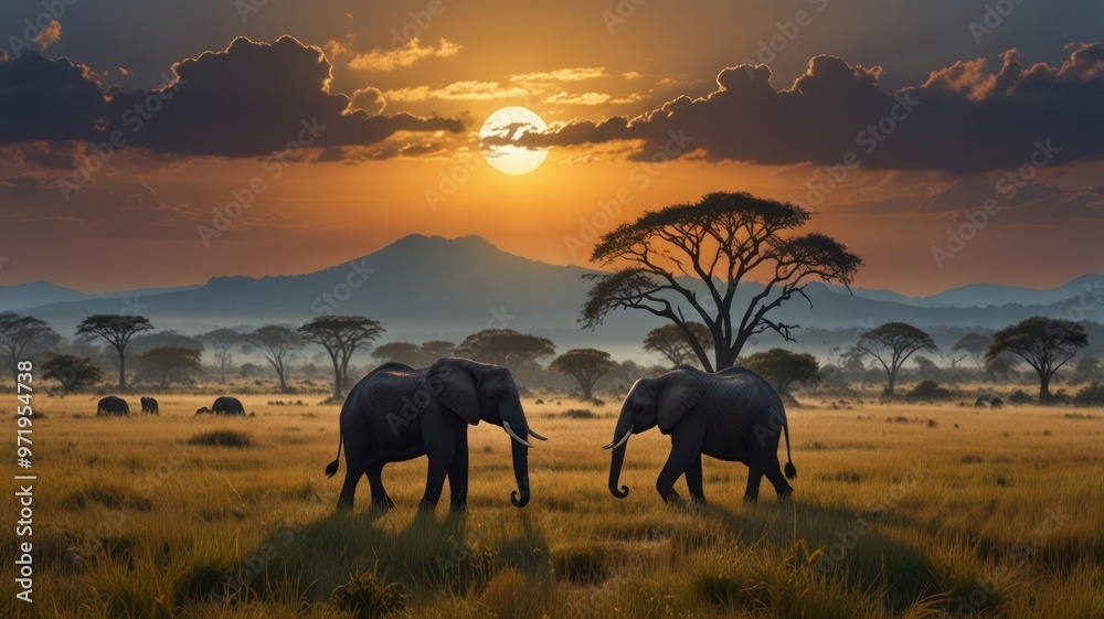 Fototapeta premium realistic illustration of savannah with a elephants