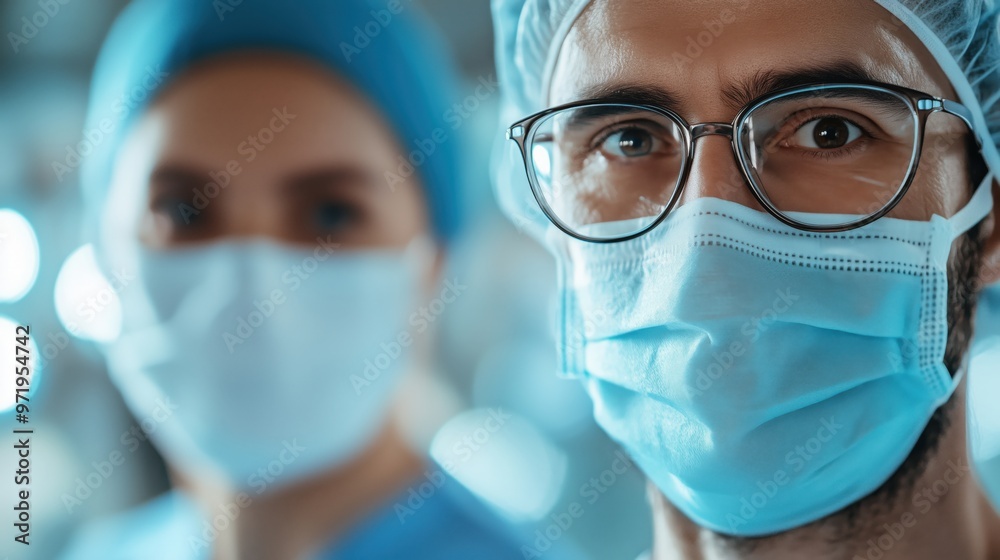 Focused Surgeon Wearing Face Mask and Glasses in Operating Room Focused Surgeon Wearing Face Mask and Glasses in Operating Room