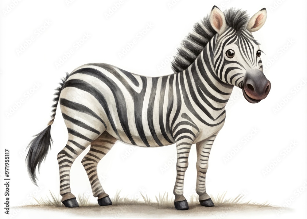 Obraz premium Whimsical hand-drawn zebra illustration featuring bold black and white stripes, playful eyes, and a curly tail, set against a crisp white background with subtle texture.