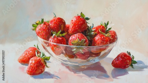 Still life oil painting featuring strawberries in a glass bowl atop a light surface photo