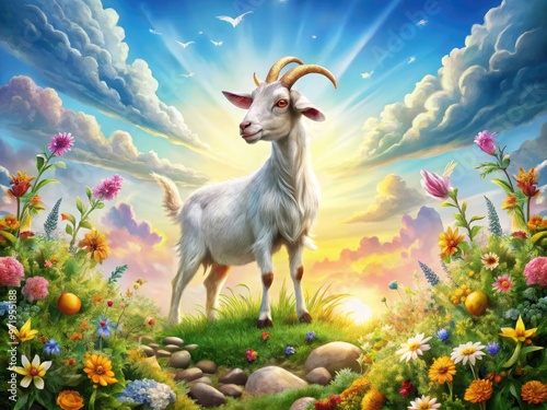 Whimsical illustration of a curious goat standing upright on hind legs, surrounded by colorful flowers and vines, with stylized clouds and sun in the background. photo