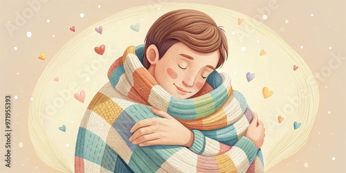 Whimsical illustration of a person embracing themselves, wrapped in warm, gentle arms, conveying comfort, self-love, and acceptance in a soft, pastel color palette. photo