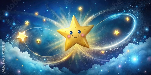 Whimsical illustration of a smiling, sparkly star surrounded by swirly clouds and shooting stars, shining bright against a dark blue night sky with subtle glitter effects.