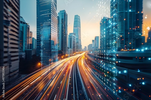 traffic light trails on the modern building background in shanghai china. - Generated AI