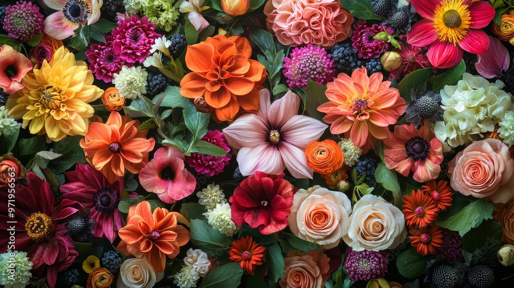 Colorful Flower Bouquet with Roses  Dahlias  and Anemones