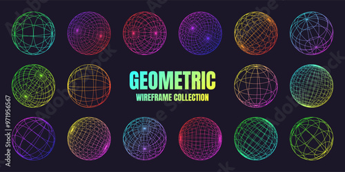 Neon wireframe shapes, lined sphere. Perspective mesh, 3d grid. Low poly geometric elements. Retro futuristic design elements, y2k, vaporwave and synthwave style. Vector illustration