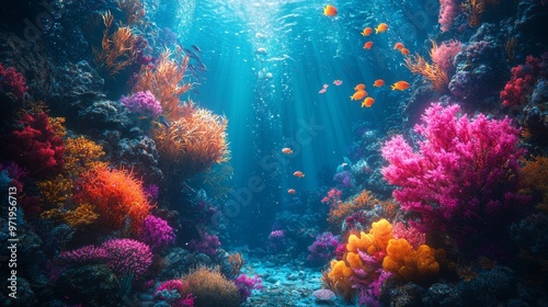 Wallpaper Mural Underwater Coral Reef with Colorful Fish and Sunbeams Torontodigital.ca