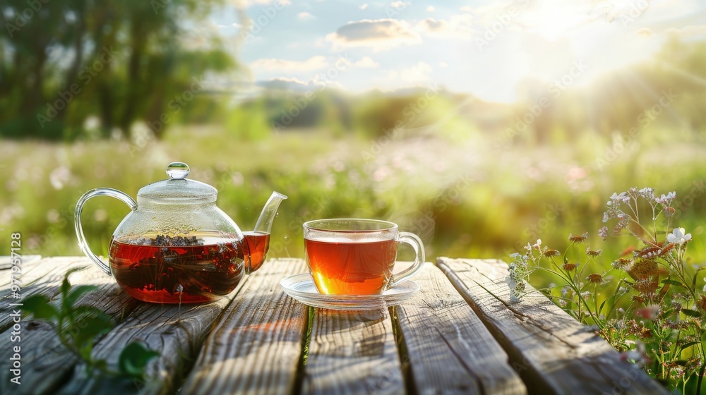 Inviting Outdoor Tea Setup with Glass Cup and Teapot on Wooden Deck Overlooking Sunlit Meadow Inviting Outdoor Tea Setup with Glass Cup and Teapot on Wooden Deck Overlooking Sunlit Meadow