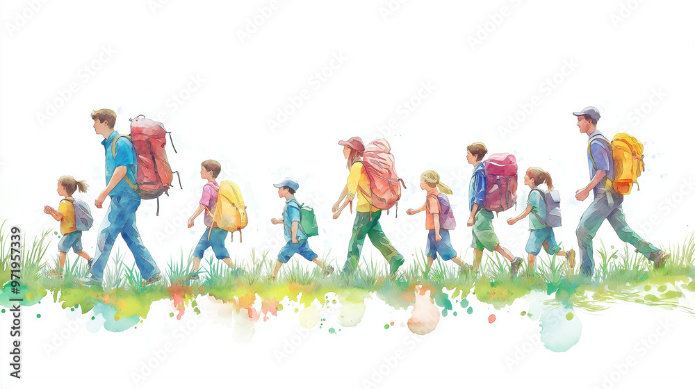 Fototapeta premium A joyful group of hikers walking through nature, carrying colorful backpacks and enjoying the great outdoors together.