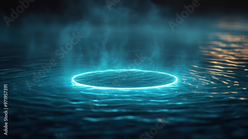 abstract backgroun with blue green neon roun shape texture disk above the water ripples an reflection futuristic wallpaper photo