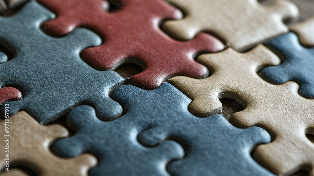 Interlocking Puzzle Pieces in Blue, Red, and Beige Interlocking Puzzle Pieces in Blue, Red, and Beige