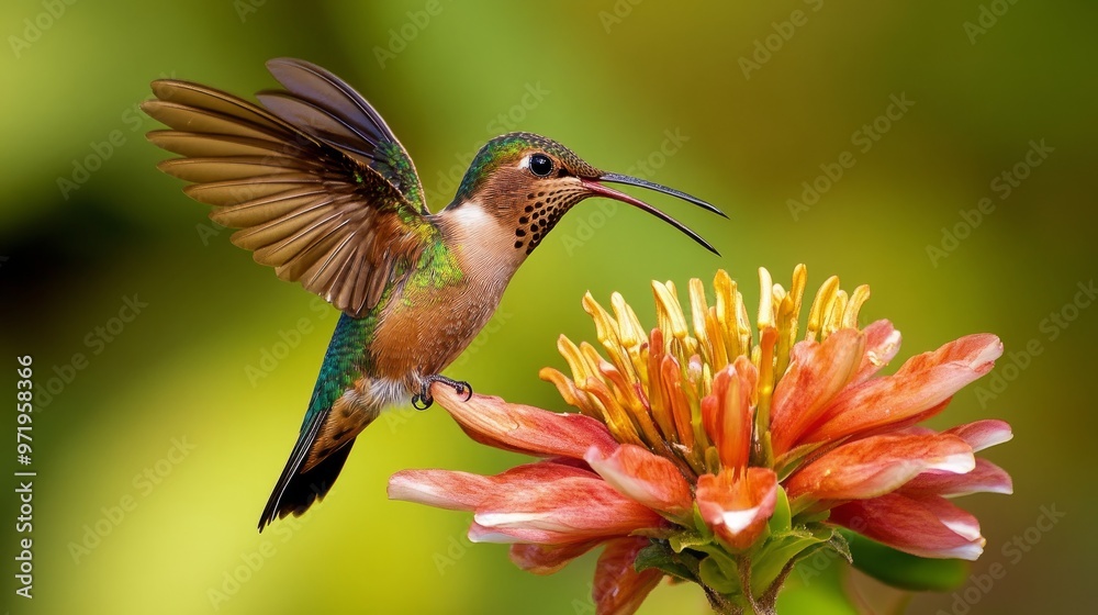 Fototapeta premium macro photo of a hummingbird perches on a flower with its beak open