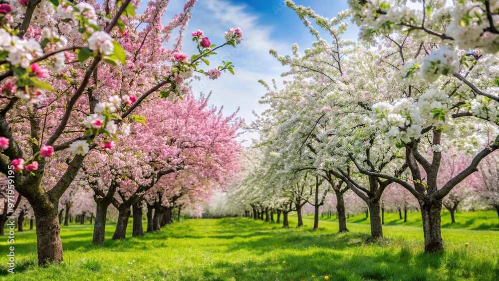 Fototapeta premium White and pink apple blossoms on blooming trees in spring garden