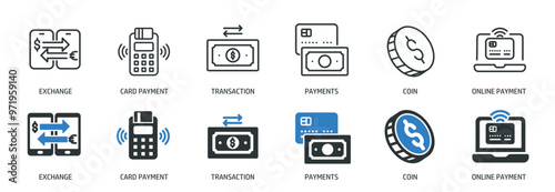 Payment line and glyph solid icons collection. Minimal icon and symbol series vector illustration