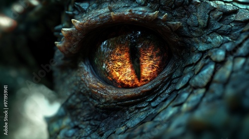 Fototapeta Naklejka Na Ścianę i Meble -  Dragon eye. 3d render of close up lizard eye. Fantasy monster looking. Macro photography of creature. Realistic colorful eye of evil dinosaur beast. Macro of angry magical animal. Predator vision.