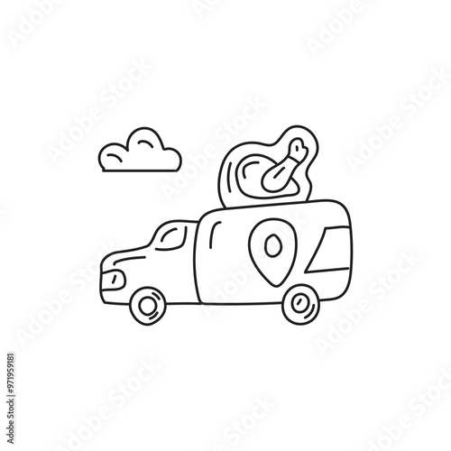 Food delivery truck with chicken leg icon and location pin. Concept for online food ordering, delivery service, restaurant, takeaway, and fast food.