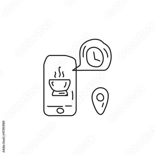 Food delivery app icon, smartphone with food bowl icon and clock and location icons