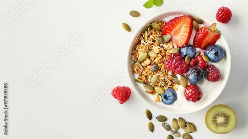  Top-Down View of Healthy Breakfast Spread with Maple Syrup-Glazed Granola, Pumpkin Seeds, Fresh Berries, and Yogurt on Clean White Background