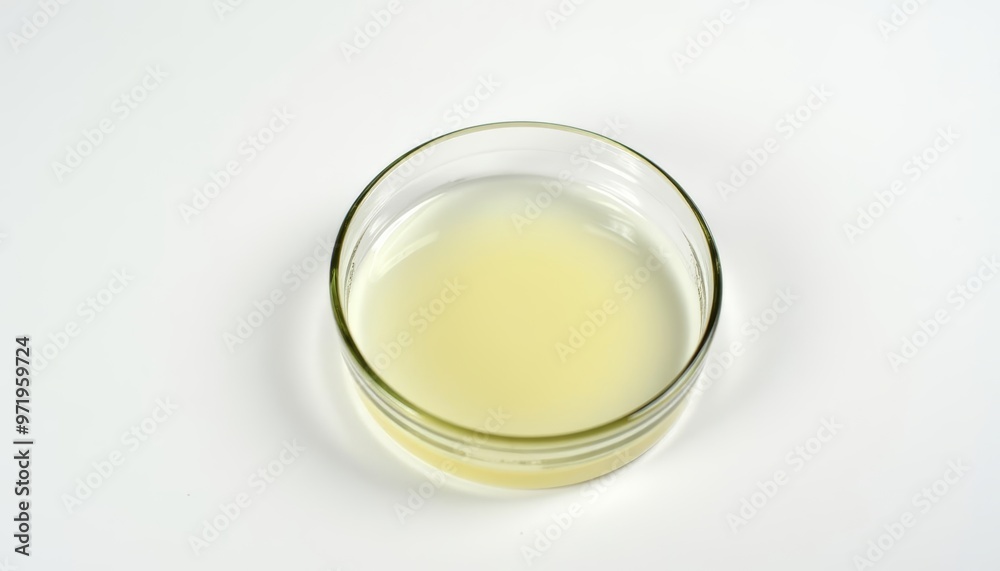 Clear glass bowl with yellow liquid isolated on white Clear glass bowl with yellow liquid isolated on white