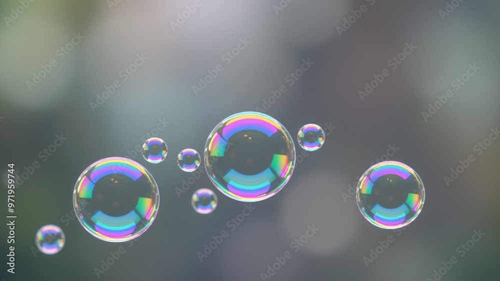 Colorful soap bubbles floating gently against a soft blurred background in daylight, creating a whimsical atmosphere