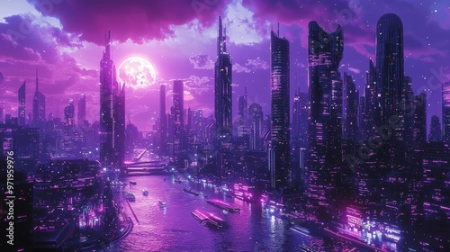 Futuristic Cityscape with Neon Lights and Moon at Night