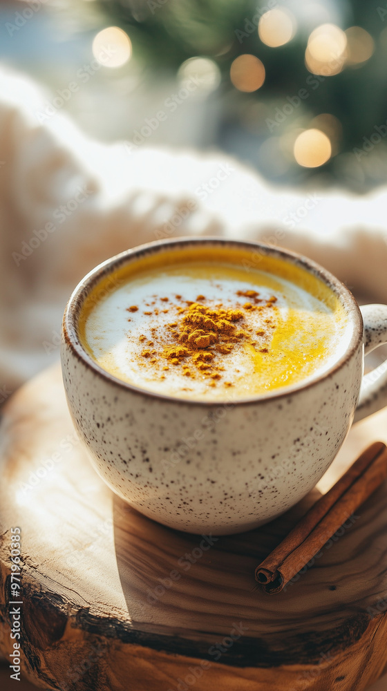 Turmeric latte on a rustic wooden table, garnished with cinnamon and turmeric powder, cozy morning scene with soft sunlight streaming in, peaceful and health-focused vibe Turmeric latte on a rustic wooden table, garnished with cinnamon and turmeric powder, cozy morning scene with soft sunlight streaming in, peaceful and health-focused vibe