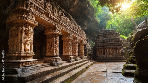 A beautifully preserved ancient temple, with intricate carvings and rich history, surrounded by nature, photo