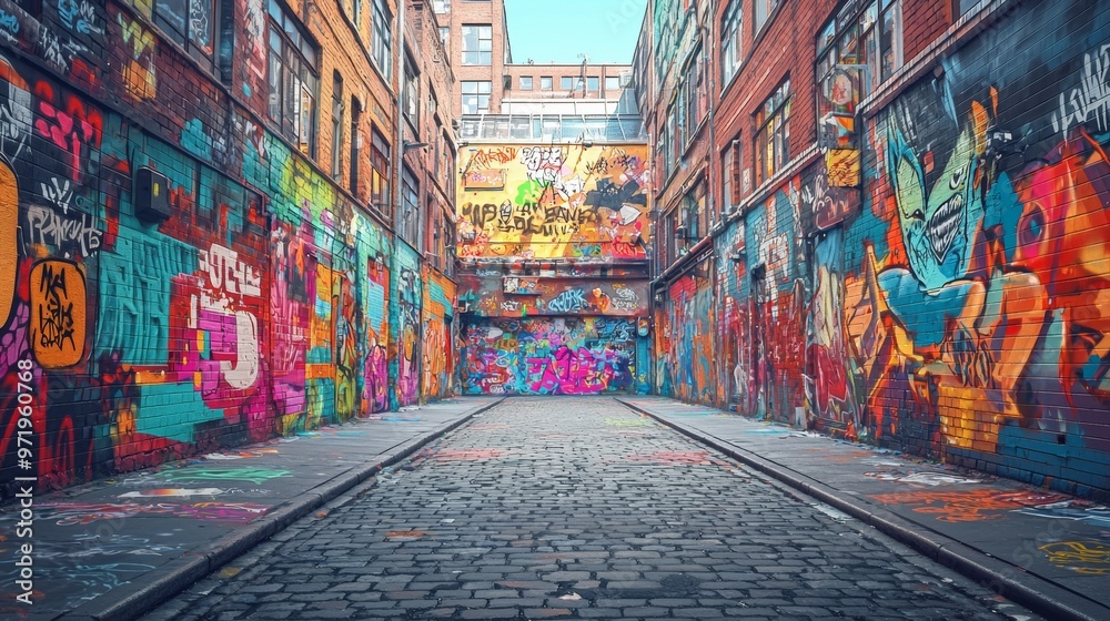Fototapeta premium Colorful Graffiti Alleyway with Cobblestone Street