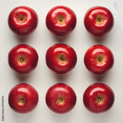 9 red apples on a white background, taken with top view