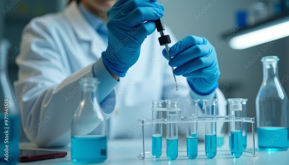 Precise Science A researcher meticulously dispensing a solution into test tubes Precise Science A researcher meticulously dispensing a solution into test tubes