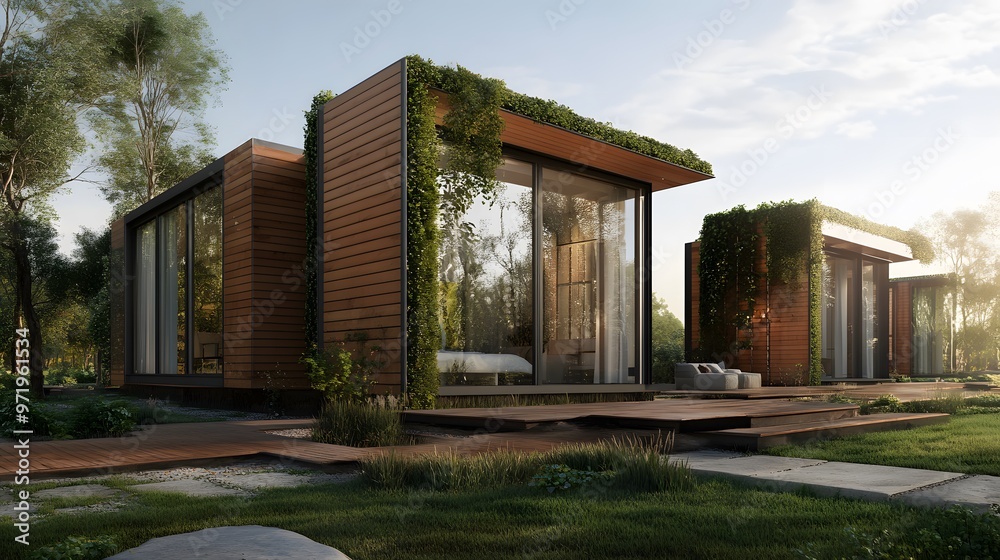 Fototapeta premium Modern Wooden Cabin with Green Roof and Lush Greenery