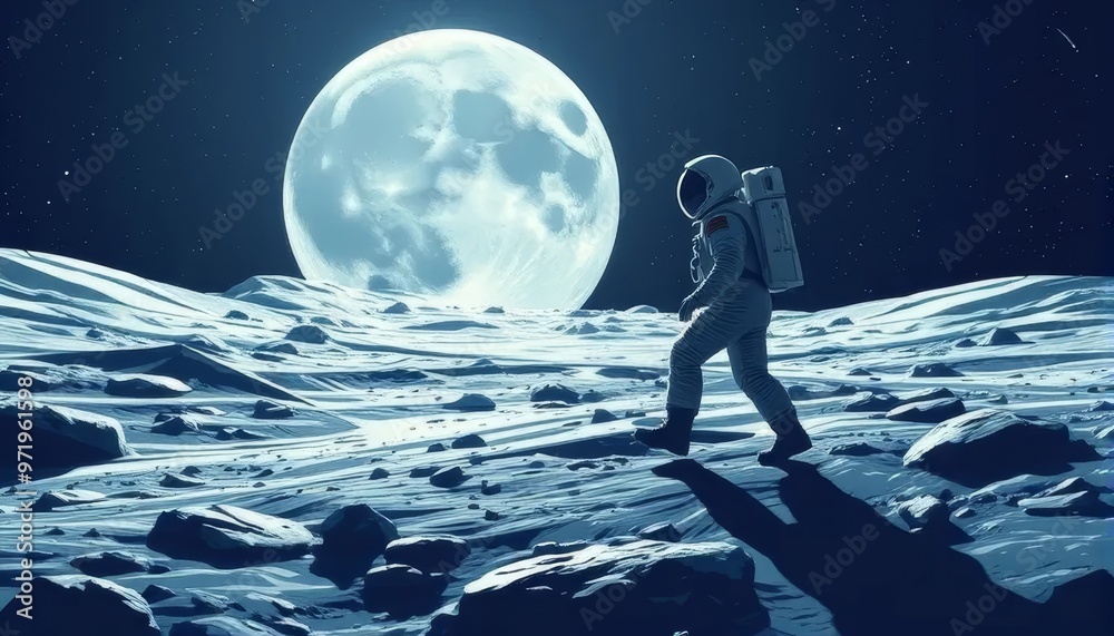Obraz premium Astronaut Walking on the Moon Under Full Moonlight