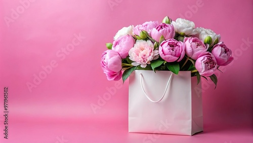 Fototapeta Naklejka Na Ścianę i Meble -  White gift bag with peonies bouquet on pink background