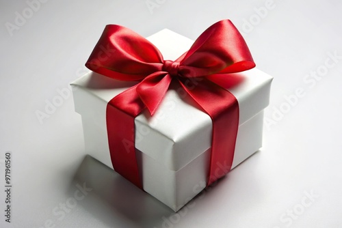 White gift box with red ribbon bow tie in shallow depth of field