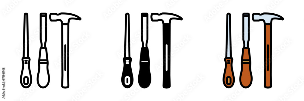 Carpenter Tools Icon, A set of tools including saws, hammers, and chisels, used by carpenters for woodworking, building, and repairs. Carpenter Tools Icon, A set of tools including saws, hammers, and chisels, used by carpenters for woodworking, building, and repairs.