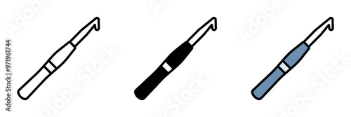 Crochet Hook Icon, A needle-like tool with a hook at one end, used to pull yarn through loops to create crochet patterns.